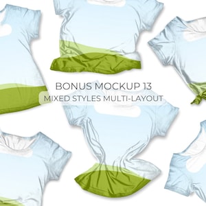 Canva Tshirt 02 Mockup template. Works like Photoshop. Includes 12 mockups. 3 styles and 3 layouts. Features clip frames to drag and drop your designs into. Underlying detail remains visible. Display image showing bonus mixed style multi objects.