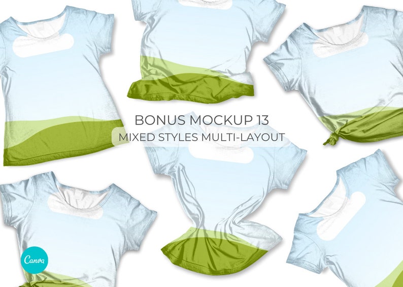 Canva Tshirt 02 Mockup template. Works like Photoshop. Includes 12 mockups. 3 styles and 3 layouts. Features clip frames to drag and drop your designs into. Underlying detail remains visible. Display image showing bonus mixed style multi objects.