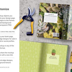 An open book mockup with a green patterned interior, a gardening trowel, and a pair of pruning shears with yellow handles. The book cover displays the title "The Art of Growing Succulents" with succulent imagery. A small sign reads "This book belongs to".