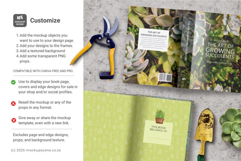 An open book mockup with a green patterned interior, a gardening trowel, and a pair of pruning shears with yellow handles. The book cover displays the title "The Art of Growing Succulents" with succulent imagery. A small sign reads "This book belongs to".
