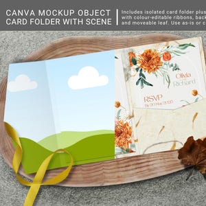 May include: A card folder mockup with a scene, featuring a tri-fold design with a sky and landscape illustration. The right panel displays floral details and text. A yellow ribbon and a leaf are included.