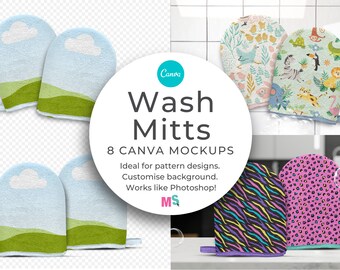 Wash Mitts Canva Mockup Set Bath Gloves Shower Cloth Towelling for Surface Patterns Fabric Textile Sublimation Template Works Like Photoshop