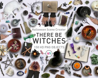Pegatinas digitales realistas de Halloween Wiccan, paquete de creación de escenas, archivos PNG para agregar a sus maquetas, planificadores y diseños