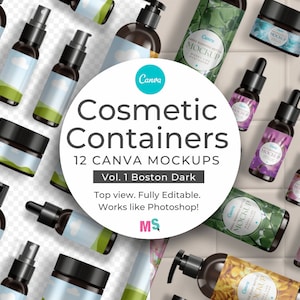 Cosmetic Container Mockups Canva Template Dark Boston bottles Cosmetic Label for Shampoo Lotion Spray Tub Wand Pump Oil Soap Moisturiser