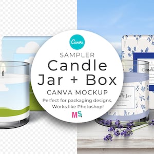 May include: A mockup of a candle jar and box. The candle jar is clear glass with a white candle and a blue and green design. The box is white with a blue floral design and the text "Candle Jar" in a blue rectangle.
