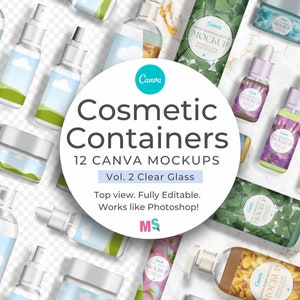 Cosmetic Container Canva Mockups Template Clear Glass Bottles for Label or Product Display Fully Editable Lotion Spray Pump Shampoo Oil Soap