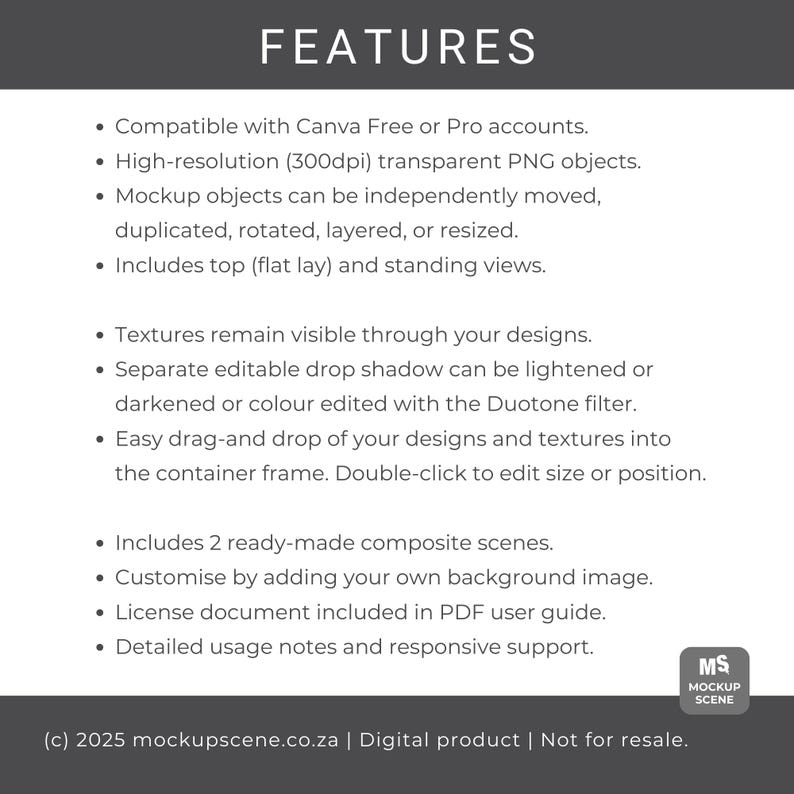 K&ouml;nnte beinhalten: Wei&szlig;es Grafikdesign mit dem Wort &bdquo;FEATURES&ldquo; oben, gefolgt von Aufz&auml;hlungspunkten, die die Funktionen eines digitalen Produkts beschreiben. Enth&auml;lt Kompatibilit&auml;t mit Canva, hochaufl&ouml;sende PNG-Objekte und anpassbare Szenen. Unten rechts befindet sich das Logo &bdquo;MS MOCKUP SCENE&ldquo;.