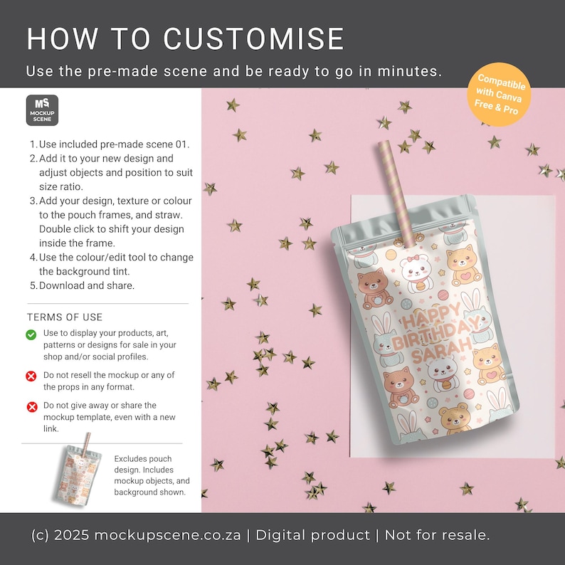 Puede incluir: Una maqueta con un fondo rosa y confeti de estrellas doradas. Una bolsa transparente con una pajita presenta un dise&ntilde;o de cumplea&ntilde;os con osos de dibujos animados y el texto "Happy Birthday Sarah". El texto "How to Customize" est&aacute; en la parte superior.