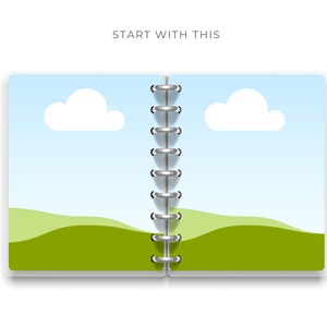 K&ouml;nnte beinhalten: Ein offenes Notizbuch mit wei&szlig;em Hintergrund, blauem Himmel und gr&uuml;nen H&uuml;geln. Das Notizbuch hat eine silberne Spiralbindung. Der Text "START WITH THIS" befindet sich oben auf der Seite.