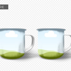 Enamel Coffee Mug Mockup - Canva Template featuring custom clip frames, fully editable drag-and-drop objects. Works like Photoshop! Display image shows 2 mug mockup front view before designs are added to the clip frames.
