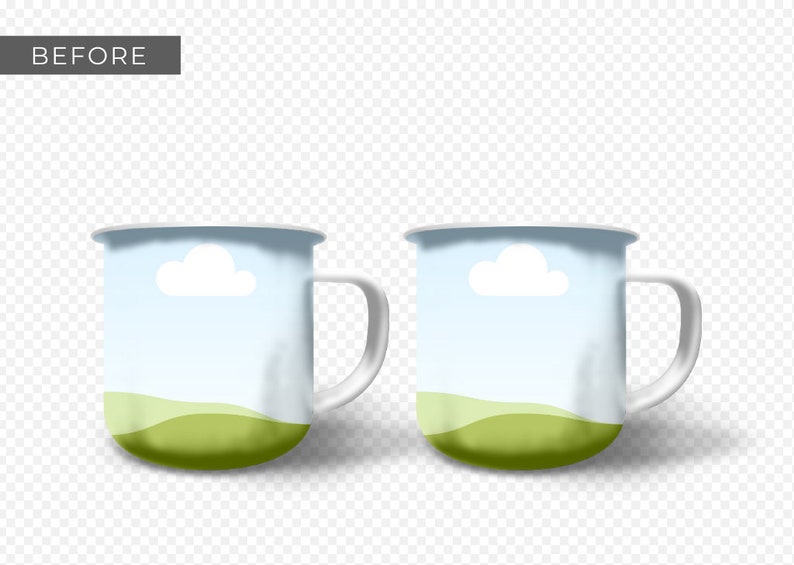 Enamel Coffee Mug Mockup - Canva Template featuring custom clip frames, fully editable drag-and-drop objects. Works like Photoshop! Display image shows 2 mug mockup front view before designs are added to the clip frames.