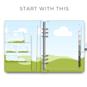 May include: A blue and green binder with a ring mechanism and a tabbed divider. The binder has a sky blue background with white clouds and green hills. The divider has a gray background with black tabs.
