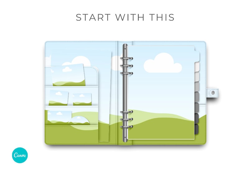 May include: A blue and green binder with a ring mechanism and a tabbed divider. The binder has a sky blue background with white clouds and green hills. The divider has a gray background with black tabs.