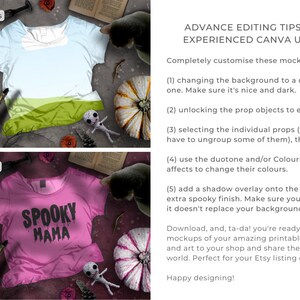 May include: Two images showing a pink t-shirt with the text "SPOOKY MAMA" in black. The first image shows a blank t-shirt with a light blue and green background. The second image shows the t-shirt with the text and a spooky Halloween theme.