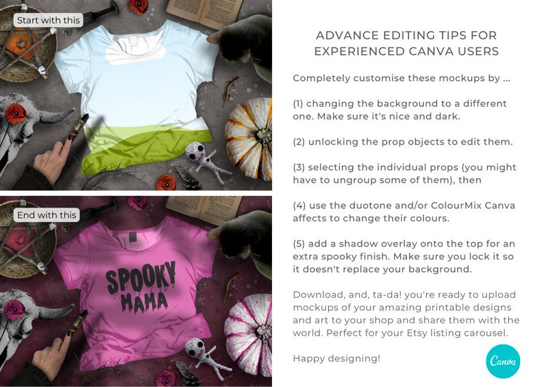May include: Two images showing a pink t-shirt with the text "SPOOKY MAMA" in black. The first image shows a blank t-shirt with a light blue and green background. The second image shows the t-shirt with the text and a spooky Halloween theme.