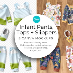 May include: Mockup templates for infant clothing and slippers. The set includes a variety of designs, including floral, animal print, and geometric patterns. The templates are easy to use and can be customized with your own designs.