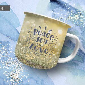 Enamel Coffee Mug Mockup - Canva Template featuring custom clip frames, fully editable drag-and-drop objects. Works like Photoshop! Display image shows single mug mockup top view after a design is added to the clip frame over a custom background.