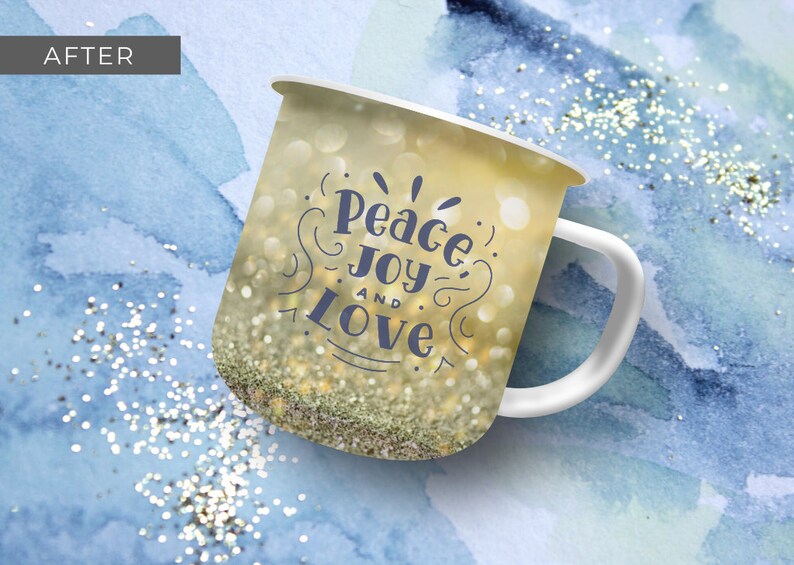 Enamel Coffee Mug Mockup - Canva Template featuring custom clip frames, fully editable drag-and-drop objects. Works like Photoshop! Display image shows single mug mockup top view after a design is added to the clip frame over a custom background.