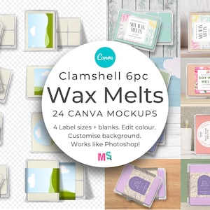 May include: A set of 24 Canva mockups for wax melts, featuring four different label sizes and blank templates. The mockups are designed to be used with Canva, a free online design platform. The mockups are perfect for showcasing your wax melt products and creating professional-looking marketing materials.