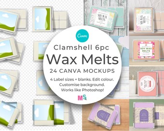 Wax Melts Mockup for Canva Label Soy Wax Tarts 6pc Clam Shell Snap Bars Square Round Belly Wrap Candle Packaging Front Back Top Etsy Listing