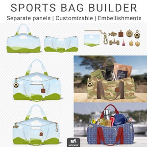 May include: A mockup image showcasing a sports bag builder with customizable features. The image displays various sports bag designs, including separate panels and embellishments. The text "SPORTS BAG BUILDER" is prominently displayed, along with the website address.