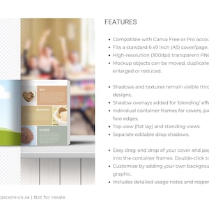 A mockup scene showing an open book with a blue sky and green hill Canva frame on the left page and food images on the right. The book is on a white surface. Text on the right page includes "Nuts", "Brown Rice", and "Flavored". text on the right of the open book outlines the features of the mockup.