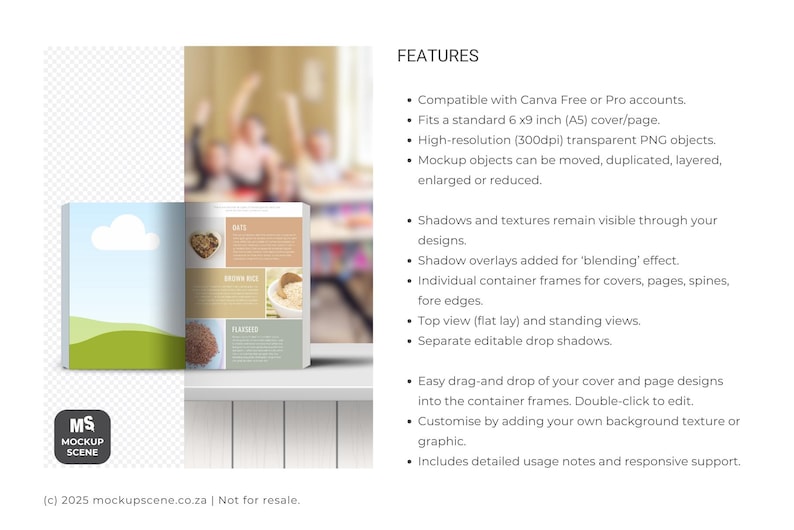 A mockup scene showing an open book with a blue sky and green hill Canva frame on the left page and food images on the right. The book is on a white surface. Text on the right page includes "Nuts", "Brown Rice", and "Flavored". text on the right of the open book outlines the features of the mockup.