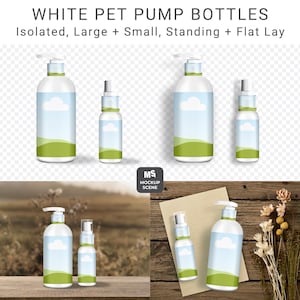 May include: White PET pump bottles in various sizes, with a sky and grass design. The image shows isolated bottles, and bottles in a flat lay arrangement. The text "CANVA SMART MOCKUP" and "WHITE PET PUMP BOTTLES" are visible.