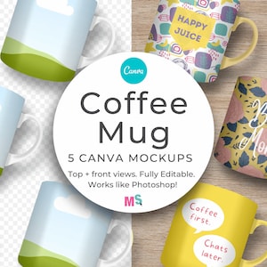 May include: Five different coffee mugs with various designs. The mugs are on a wooden surface. The designs include a landscape, a floral pattern, a design with the text "Best Mom", a design with the text "Happy Juice", and a design with the text "Coffee first. Chats later."