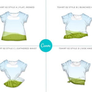 Canva Tshirt 02 Mockup template. Works like Photoshop. Includes 12 mockups. 3 styles and 3 layouts. Features clip frames to drag and drop your designs into. Underlying detail remains visible. Display image showing 4 different tshirt styles.