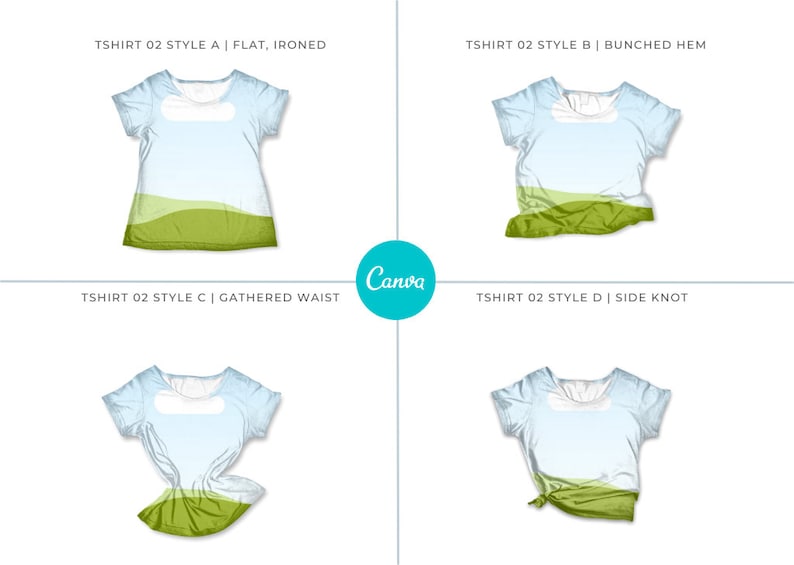 Canva Tshirt 02 Mockup template. Works like Photoshop. Includes 12 mockups. 3 styles and 3 layouts. Features clip frames to drag and drop your designs into. Underlying detail remains visible. Display image showing 4 different tshirt styles.