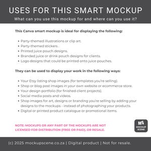 Puede incluir: Gr&aacute;fico de maqueta digital con texto que explica los usos de una maqueta inteligente de Canva. El texto enumera los usos para ilustraciones tem&aacute;ticas de fiestas, pegatinas, dise&ntilde;os de bolsas de jugo y dise&ntilde;os de logotipos. Tambi&eacute;n detalla formas de mostrar el trabajo.