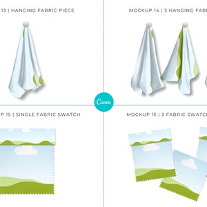 May include: Four mockups showing different ways to display fabric swatches. The first mockup shows a single fabric piece hanging from a hook. The second mockup shows three fabric pieces hanging from hooks. The third mockup shows a single fabric swatch laid flat. The fourth mockup shows two fabric swatches laid flat.