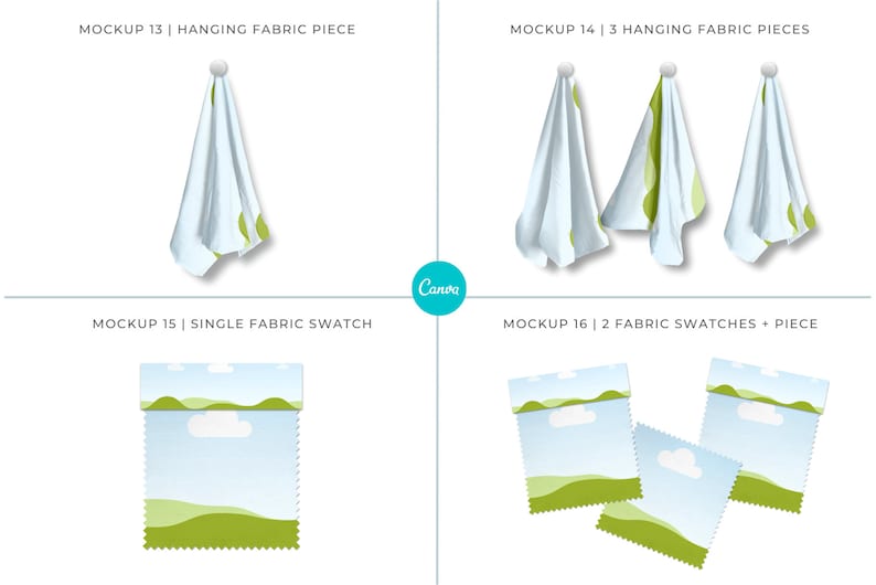 May include: Four mockups showing different ways to display fabric swatches. The first mockup shows a single fabric piece hanging from a hook. The second mockup shows three fabric pieces hanging from hooks. The third mockup shows a single fabric swatch laid flat. The fourth mockup shows two fabric swatches laid flat.