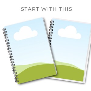 May include: Two spiral-bound notebooks with a sky and landscape design. The covers feature a blue sky with a white cloud and green rolling hills. The text "START WITH THIS" is at the top.