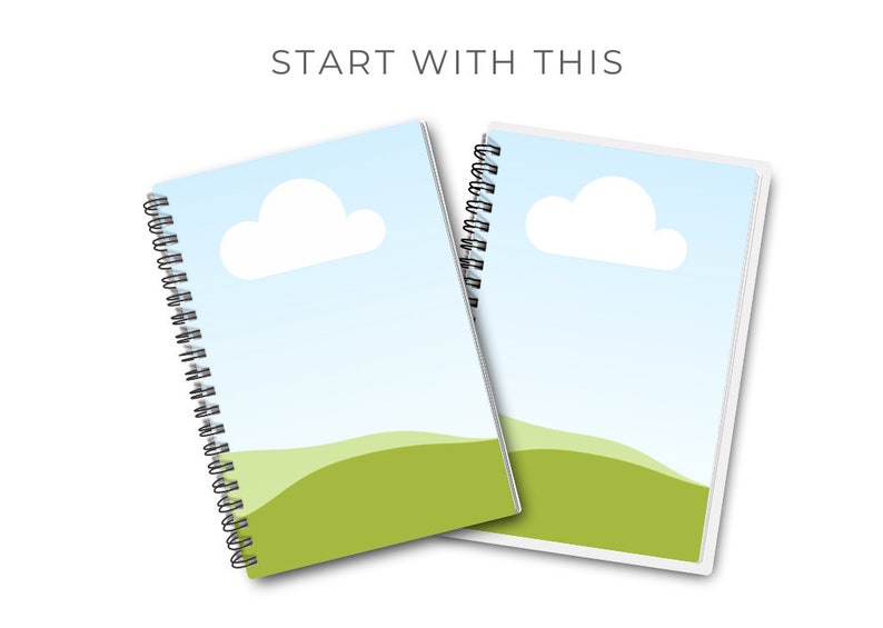 May include: Two spiral-bound notebooks with a sky and landscape design. The covers feature a blue sky with a white cloud and green rolling hills. The text "START WITH THIS" is at the top.