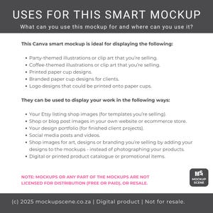 K&ouml;nnte beinhalten: Digitales Mockup-Bild mit Text, der die Verwendung eines Canva Smart Mockups erkl&auml;rt. Der Text listet Verwendungen f&uuml;r Illustrationen zum Thema Party, Kaffee-Cliparts, Papierbecher-Designs und Logo-Designs auf. Es wird auch erl&auml;utert, wie die Mockups verwendet werden k&ouml;nnen.