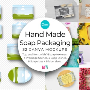 Hand Made Soap Packaging Mockup for Canva Wrap Around Label Belly Band Bar Square Round Textures Dishes Print Beauty Cosmetic Lotion Shampoo