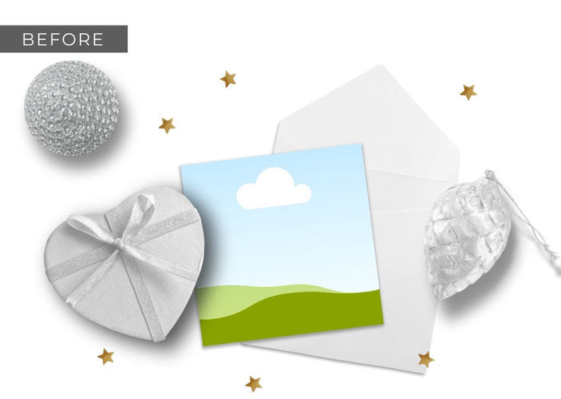 May include: A white envelope with a white card inside. The card has a blue sky with a white cloud and a green grassy hill. There are gold stars scattered around the card and envelope.