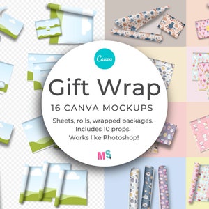 Gift Wrap Mockup for Canva Template Wrapping Paper Seamless Pattern Printed Paper Event Gifting Rolled Folded Paper Works Like Photoshop