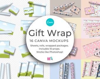 Gift Wrap Mockup for Canva Template Wrapping Paper Seamless Pattern Printed Paper Event Gifting Rolled Folded Paper Works Like Photoshop