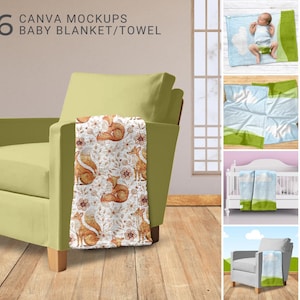 Może przedstawiać: 16 makiet Canva dla kocy i ręczników dla niemowląt. Makiety przedstawiają różne wzory i kolory, w tym biały koc z wzorem lisa, niebieski koc z wzorem chmury i zielony koc z wzorem krajobrazu.