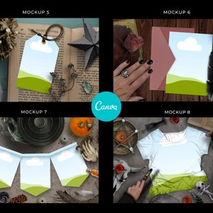 May include: Four different mockups showcasing a design template with a blue sky, white cloud, and green grass. The mockups feature a tag, a card, a banner, and a t-shirt.