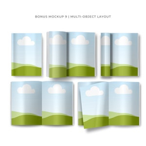 May include: A mockup of a book with a blue sky and green grass background. The book is open and closed in different positions.