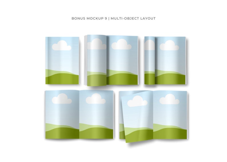 May include: A mockup of a book with a blue sky and green grass background. The book is open and closed in different positions.