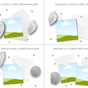 May include: Four mockups showing different ways to display a greeting card with an envelope. The cards feature a simple design with a green field, a blue sky, and a white cloud. The mockups include a single card with an open envelope, a single card with a folded envelope, a single card with a closed envelope, and two cards with envelopes.