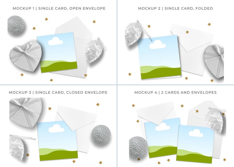 May include: Four mockups showing different ways to display a greeting card with an envelope. The cards feature a simple design with a green field, a blue sky, and a white cloud. The mockups include a single card with an open envelope, a single card with a folded envelope, a single card with a closed envelope, and two cards with envelopes.