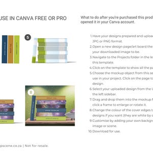A Canva mockup set is displayed, featuring book designs and usage instructions. The image shows examples of book covers and stacks, with the text "EASY TO USE IN CANVA FREE OR PRO". Instructions are provided for use.