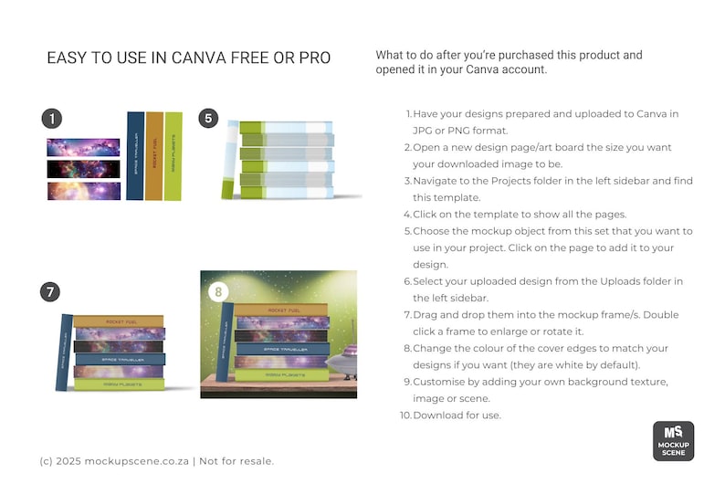 A Canva mockup set is displayed, featuring book designs and usage instructions. The image shows examples of book covers and stacks, with the text "EASY TO USE IN CANVA FREE OR PRO". Instructions are provided for use.