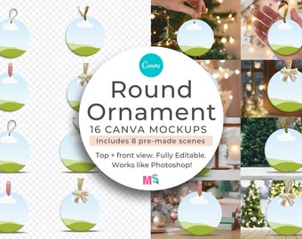 Round Ceramic Ornament Canva Mockup Template Circular for Christmas Designs and Patterns Hanging and Standing Versions Works Like Photoshop